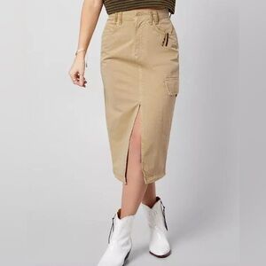 Free People Scout Midi Skirt Women size 26 Khaki Cargo Pocket Twill Slit